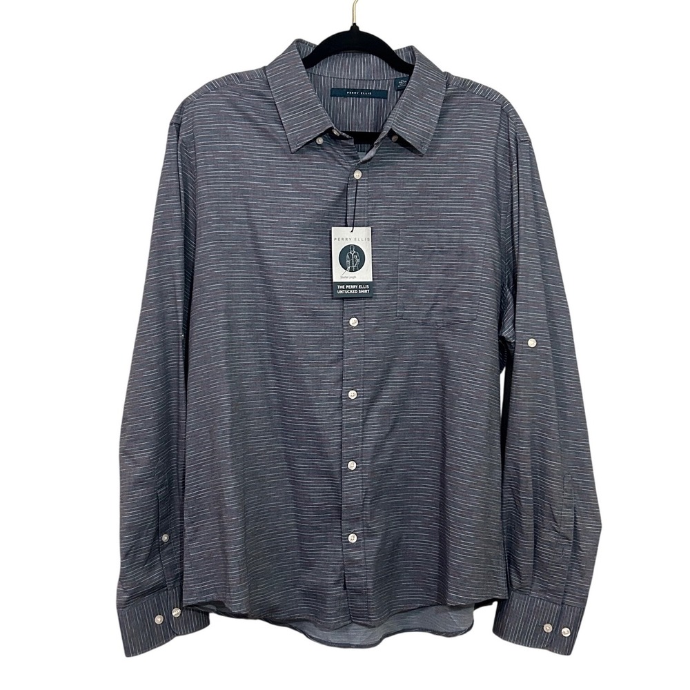 NWT Perry Ellis Dark Sapphire Untucked Shirt Mens XL Long Sleeve Button Up